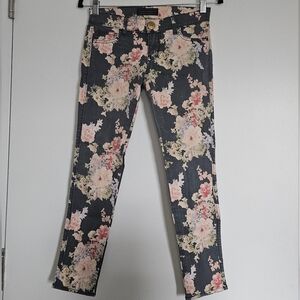Rienda Onee Gyaru Japan Grey And Pink Floral Rose Print Denim Stretch Leggings